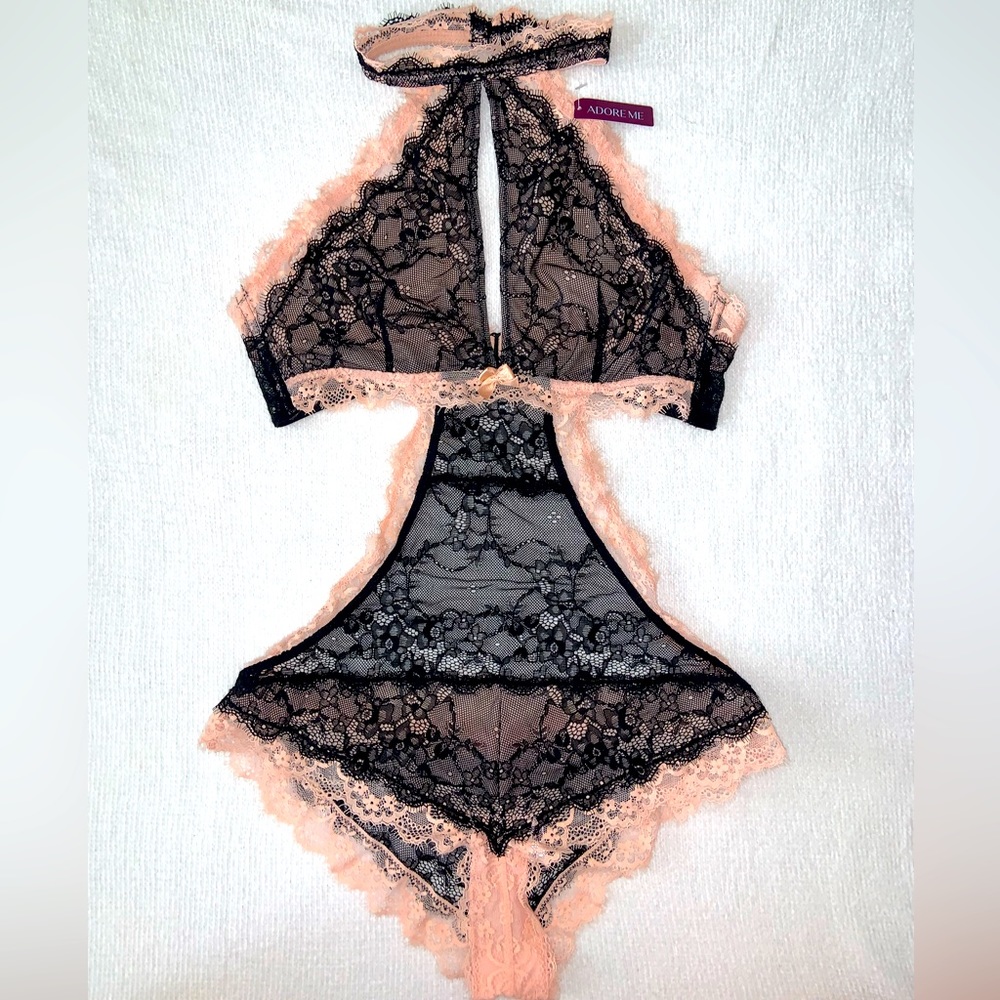 NWT AdoreMe | Black & Pink Lace Lingerie Bodysuit | M